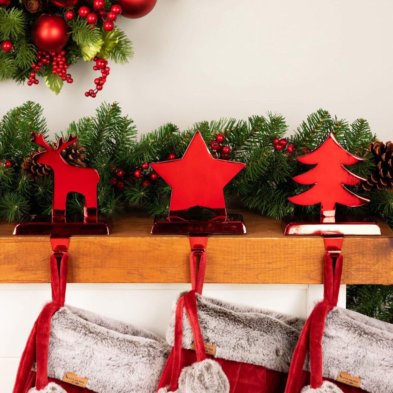 Northlight Reindeer, Christmas Tree, and Star Metallic Red Christmas Stocking Holders